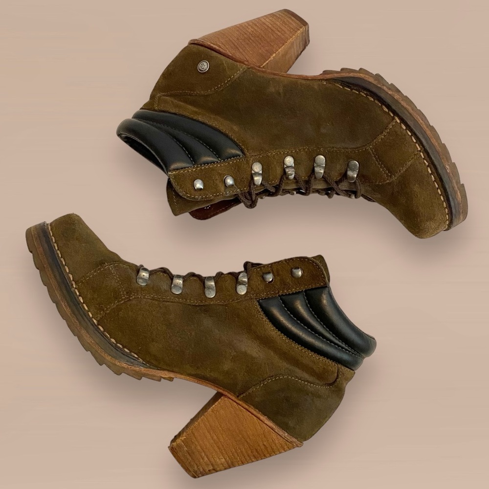 Neosens Chelva Olive Suede Hiker Heeled Lace Up Bootie SZ 40